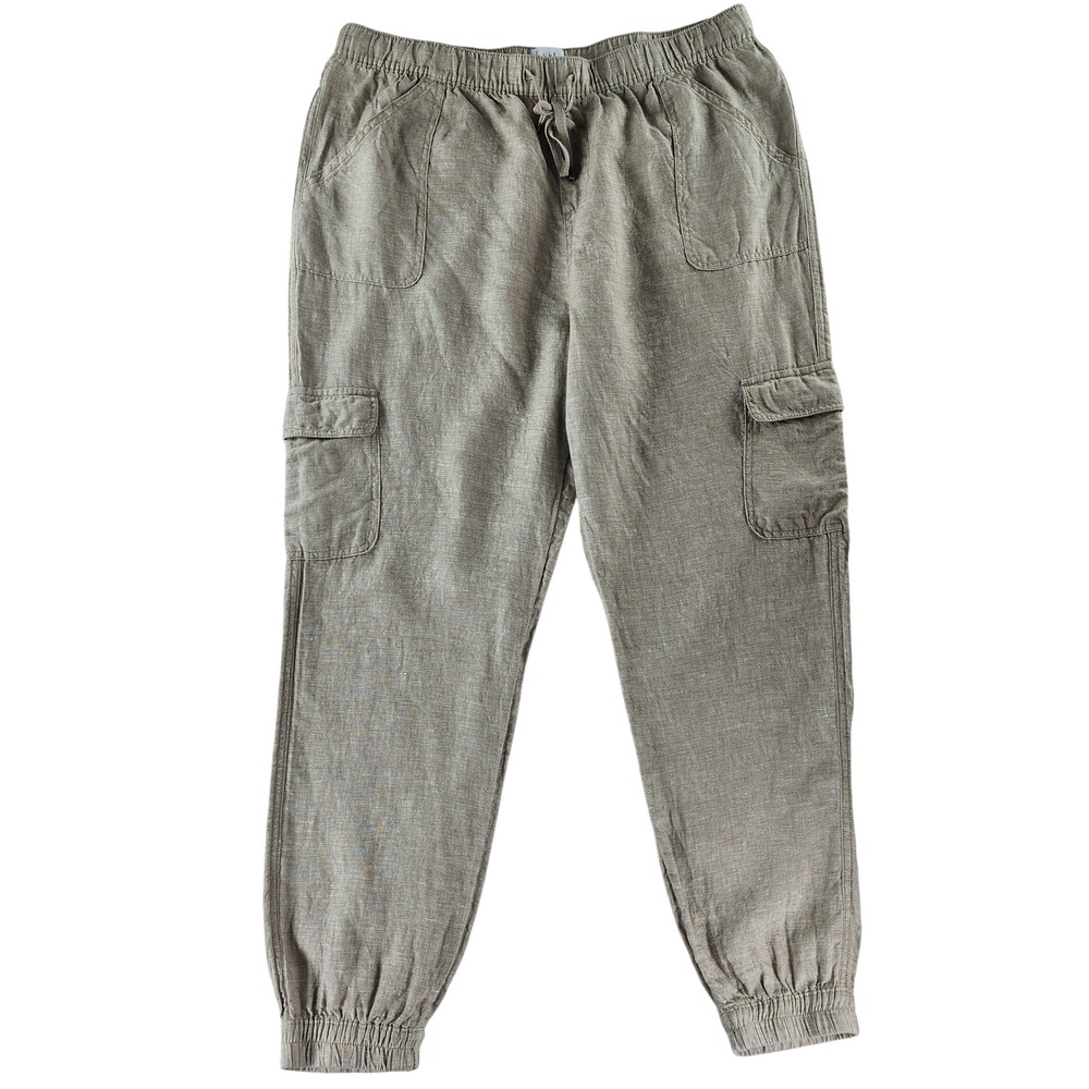 Nicole Miller Cargo Jogger Women XL Beige Relaxed 100% Linen Pants